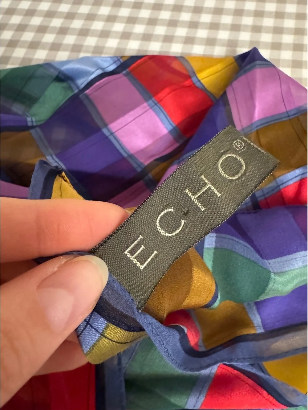 Vintage Echo 100% Silk Multicolor Plaid Long Scarf 60” x 10.5”